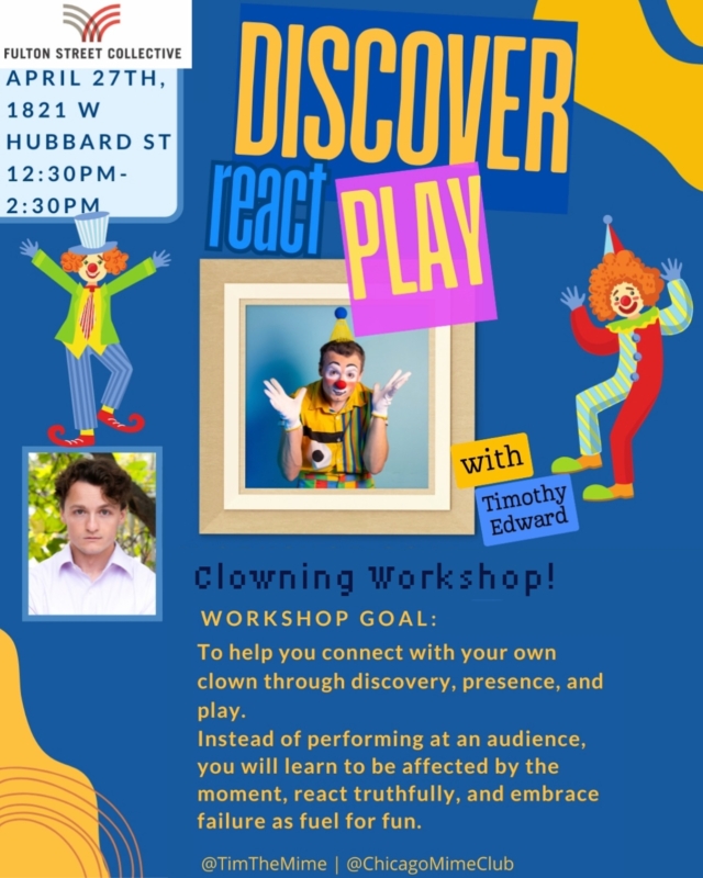 At FSC we support all types of art and performance! We’re excited to offer this opportunity with @timthemime to discover, react, play and nurture your inner clown during a workshop Sunday April 27th! Check it out, the eventbrite link is in our bio! 

#westtown #chicagoevents #chicagomusicscene #chicagomusicguide 
#westtownartwalk 
#chicagoart #chicagoclown #chicagoworkshop #chicagoartcollector